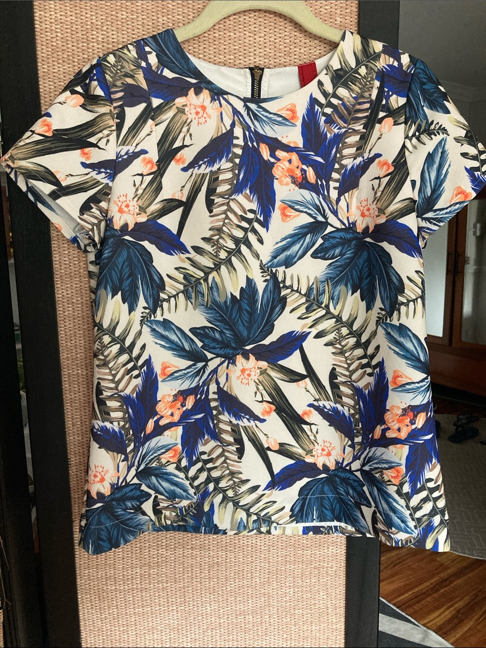 Floral Leaf Print Short Sleeve Top - Blue & Cream